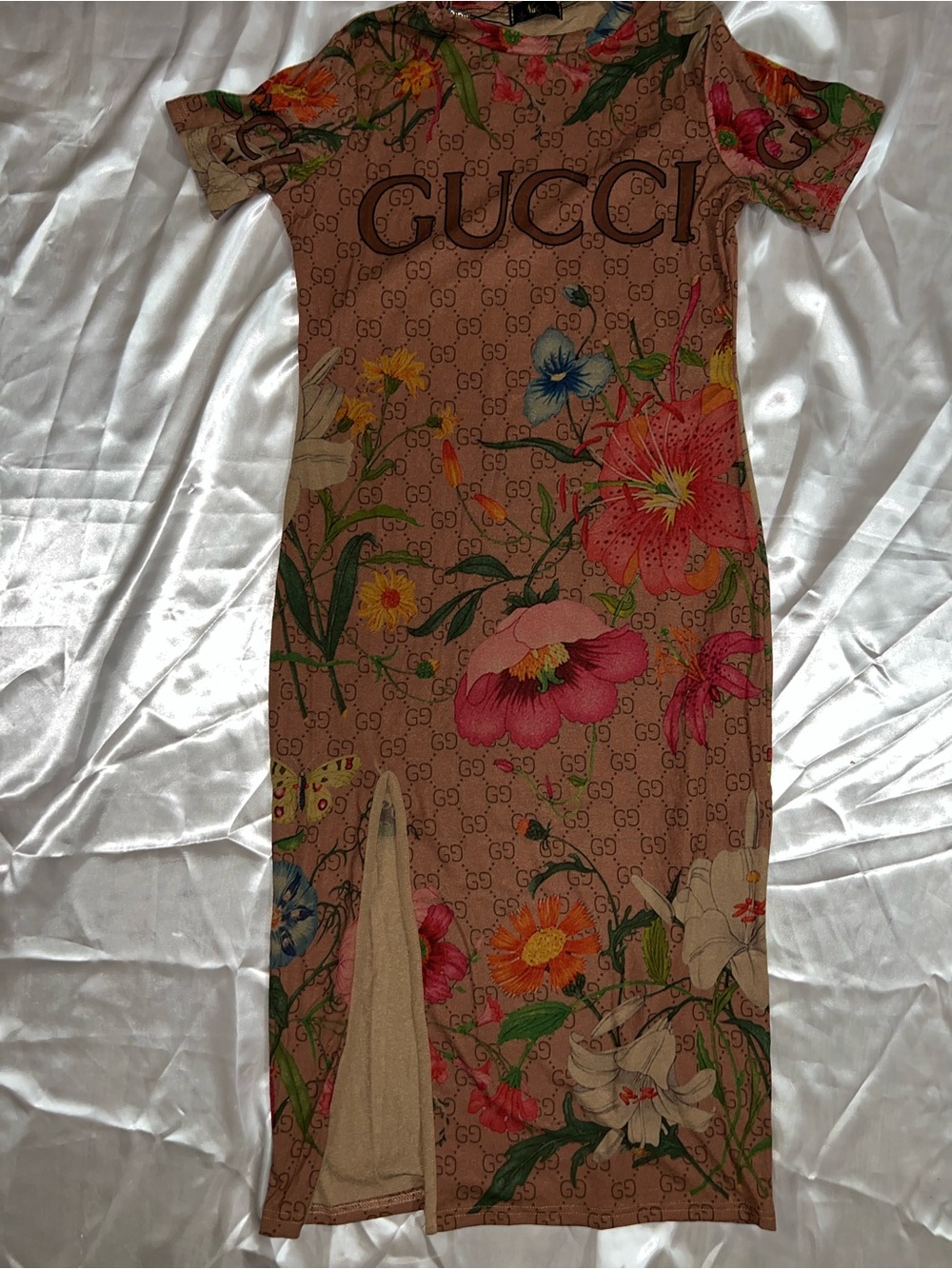 Inspired Beige Floral Logo Midi Dress